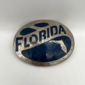 Large Engraved Silver Florida Belt Buckle with Blue Enamel